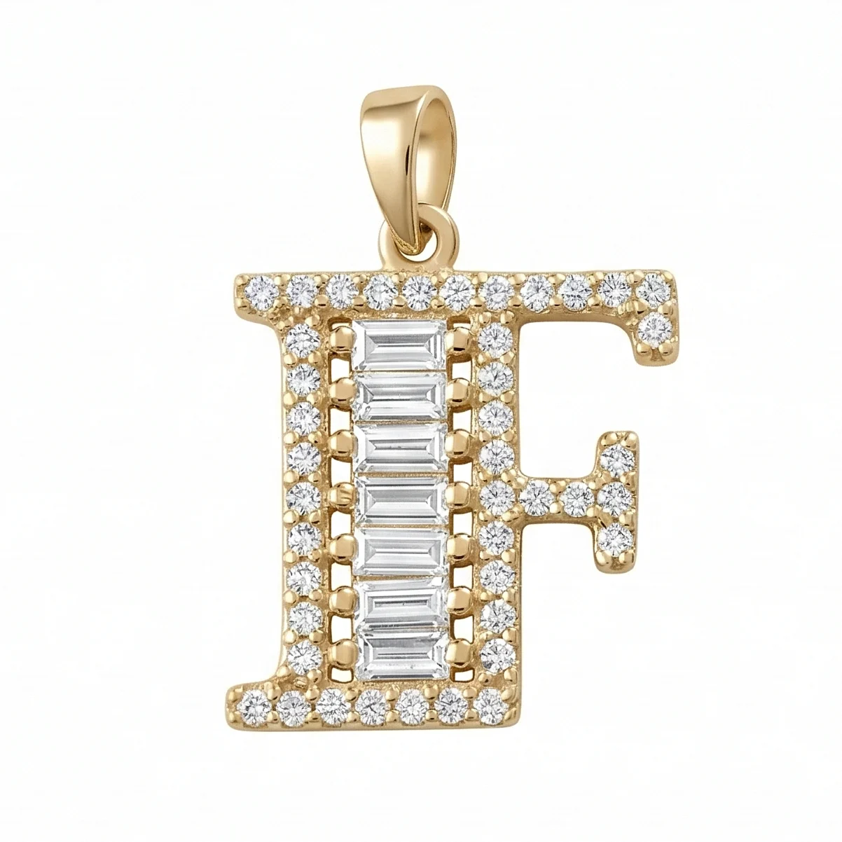 Buchstabenanhänger F aus 14 Karat Gold – Baguette-Steine 1