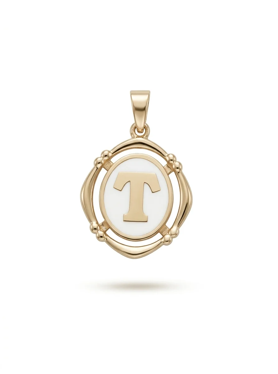 Buchstabenanhänger T aus 14 Karat Gold – Perlmutt