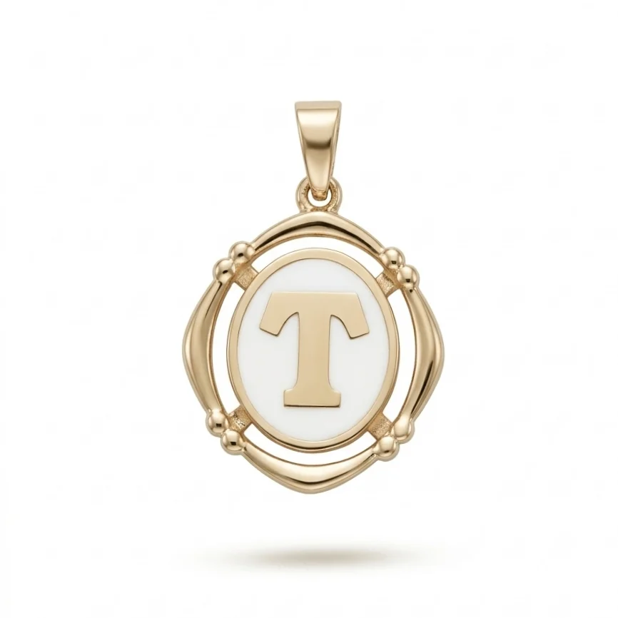 Buchstabenanhänger T aus 14 Karat Gold – Perlmutt 2